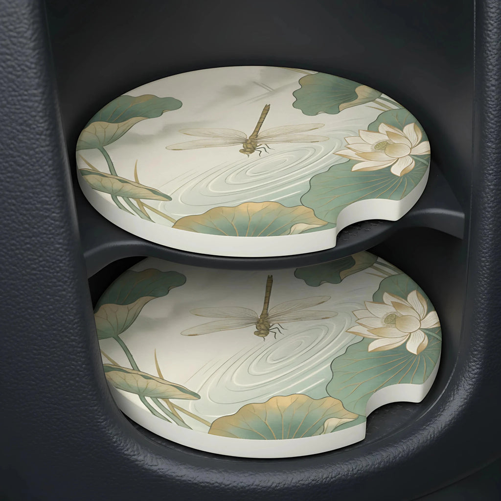 Dragonfly Pond Lotus Car Coasters Set - Road Muse