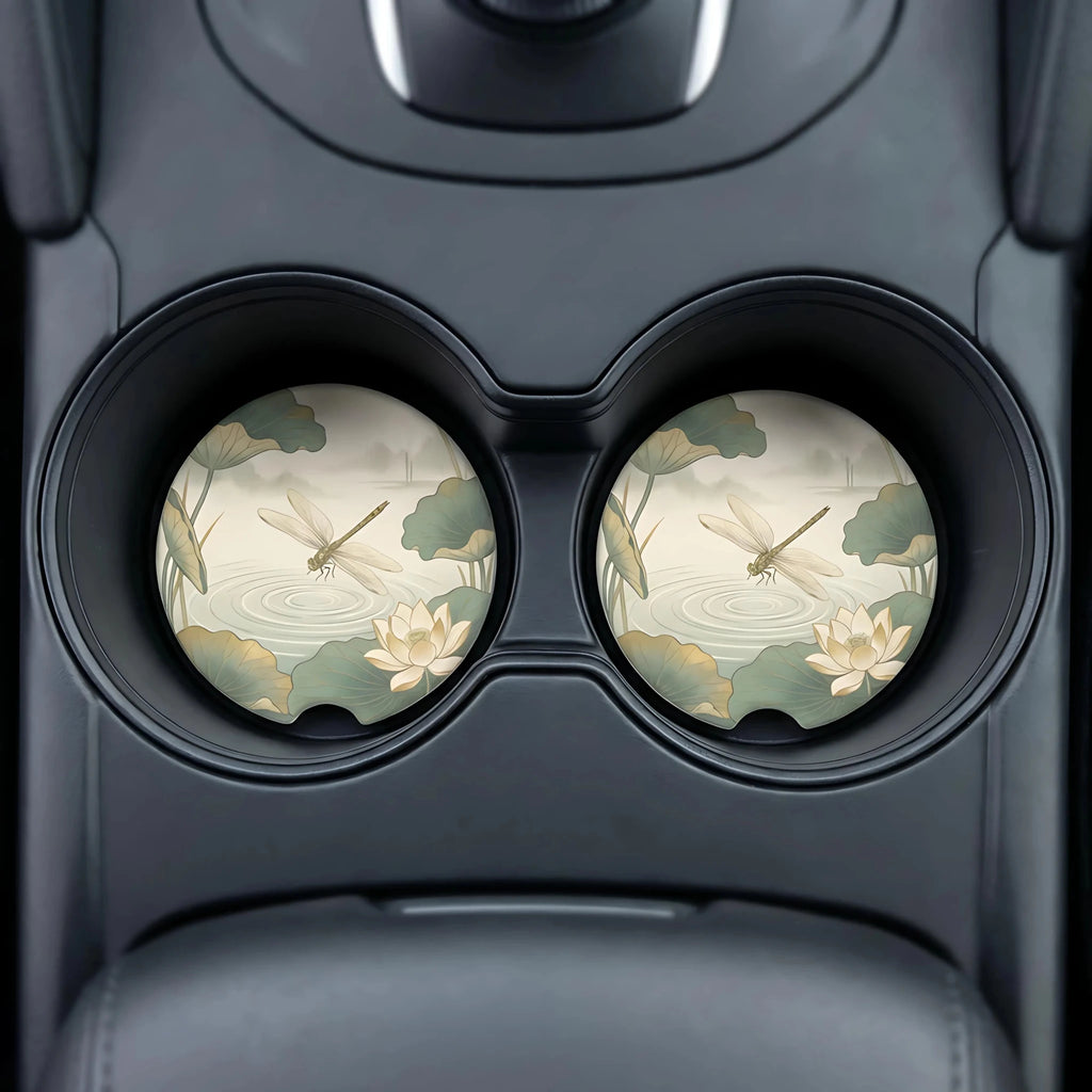 Dragonfly Pond Lotus Car Coasters Set - Road Muse