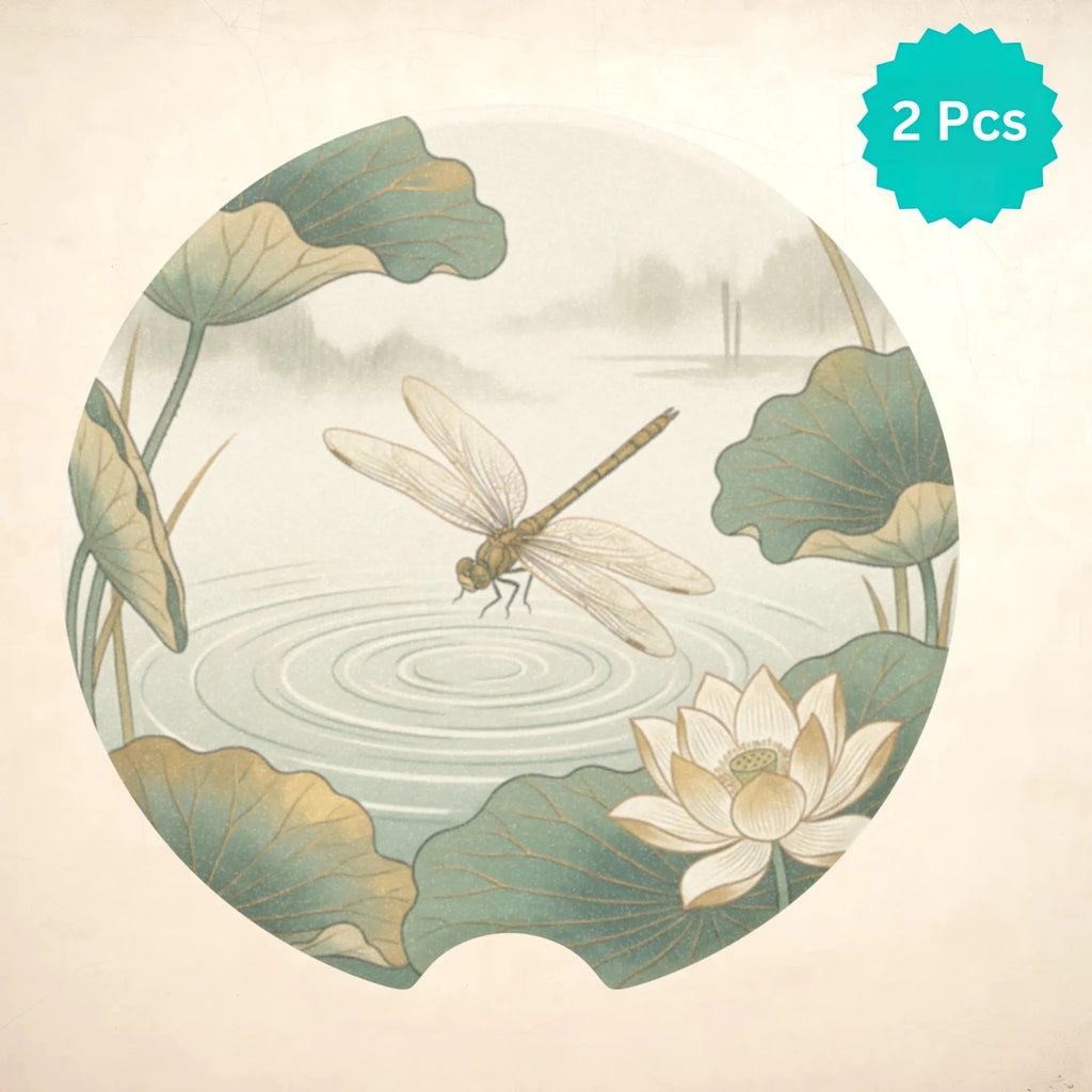 Dragonfly Pond Lotus Car Coasters Set - Road Muse