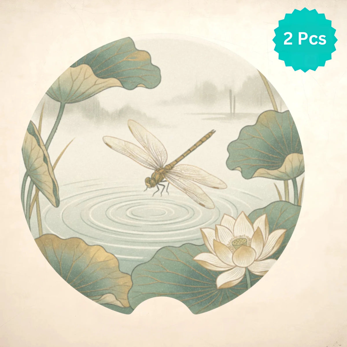 Dragonfly Pond Lotus Car Coasters Set - Road Muse