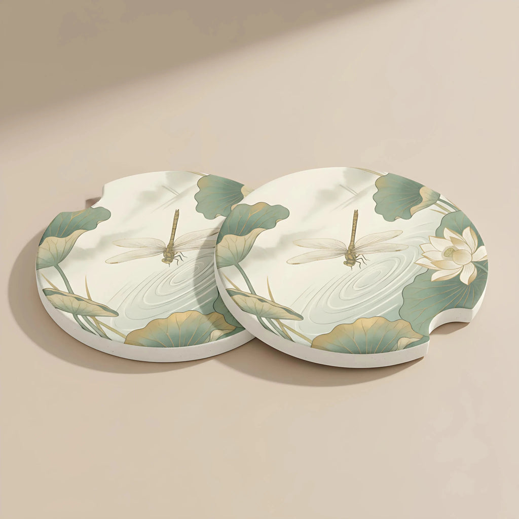 Dragonfly Pond Lotus Car Coasters Set - Road Muse