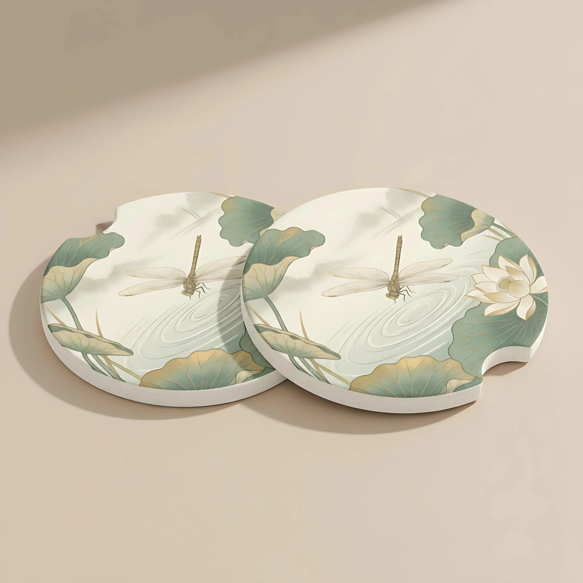 Dragonfly Pond Lotus Car Coasters Set - Road Muse