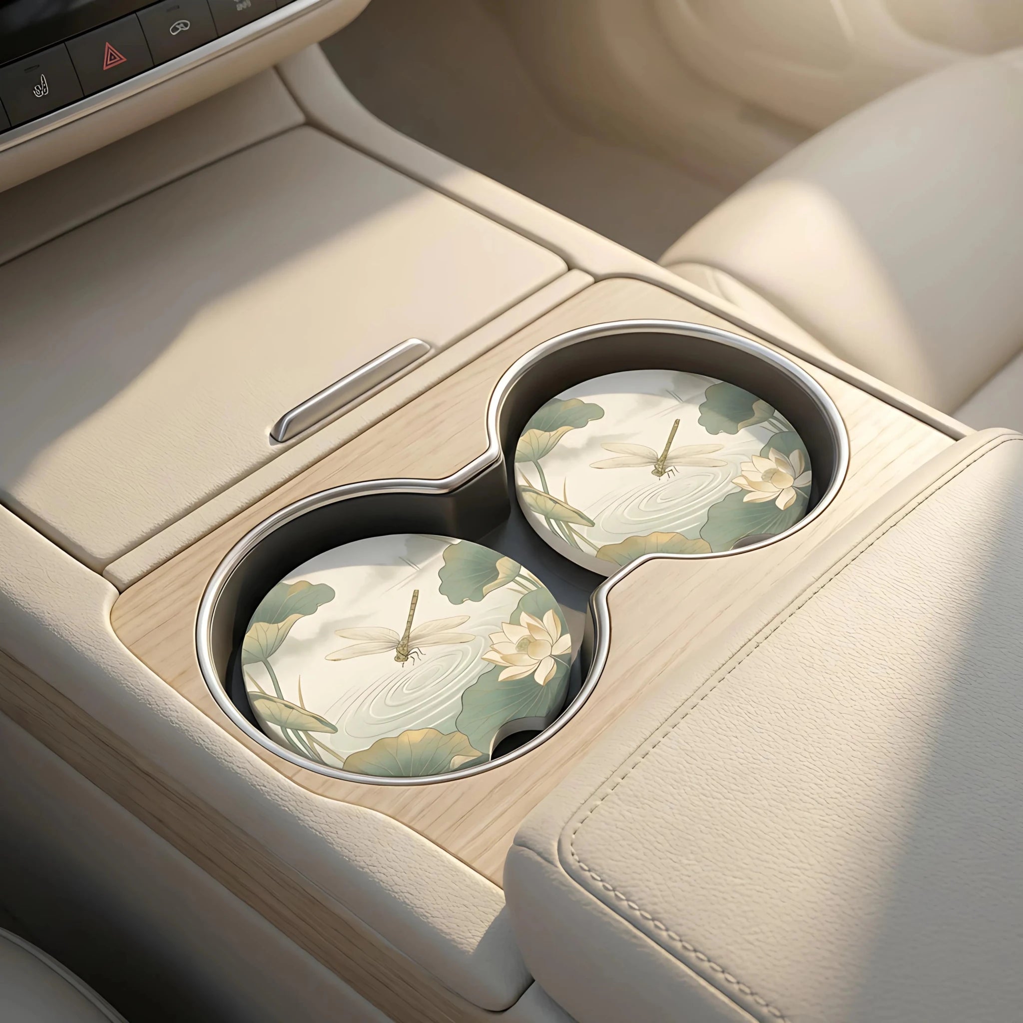 Dragonfly Pond Lotus Car Coasters Set - Road Muse