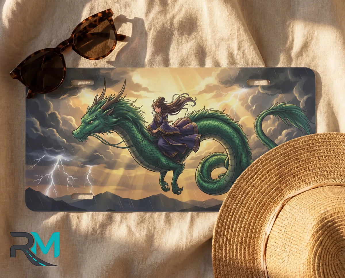 Emerald Dragon Rider Fantasy Vanity Plate - Road Muse