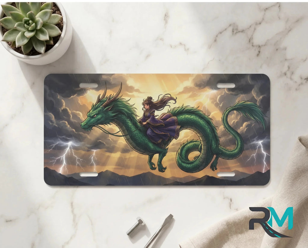 Emerald Dragon Rider Fantasy Vanity Plate - Road Muse