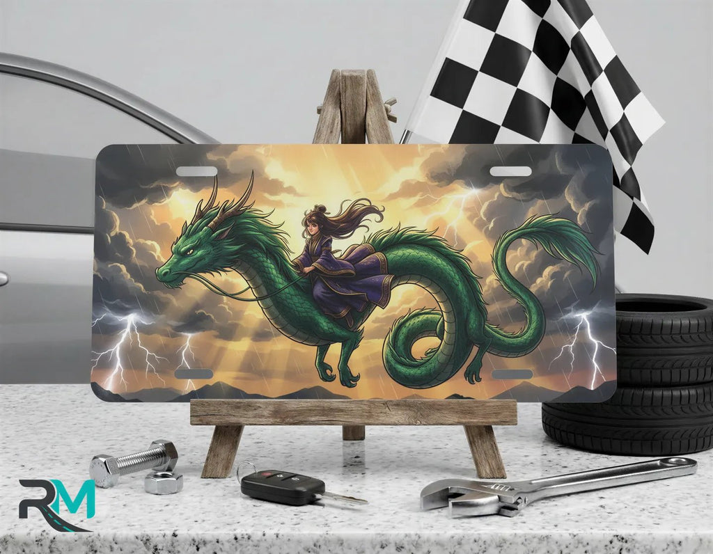 Emerald Dragon Rider Fantasy Vanity Plate - Road Muse