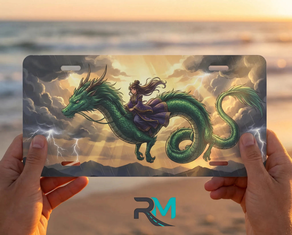 Emerald Dragon Rider Fantasy Vanity Plate - Road Muse