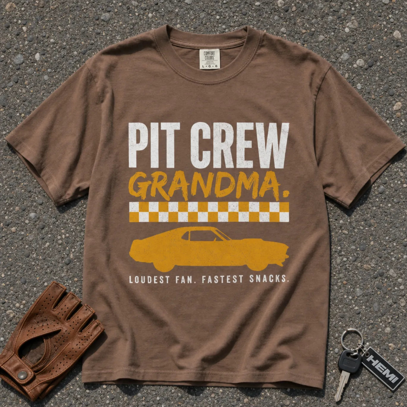 espresso pit crew grandma graphic tee — vintage racing car checkerboard comfort colors shirt