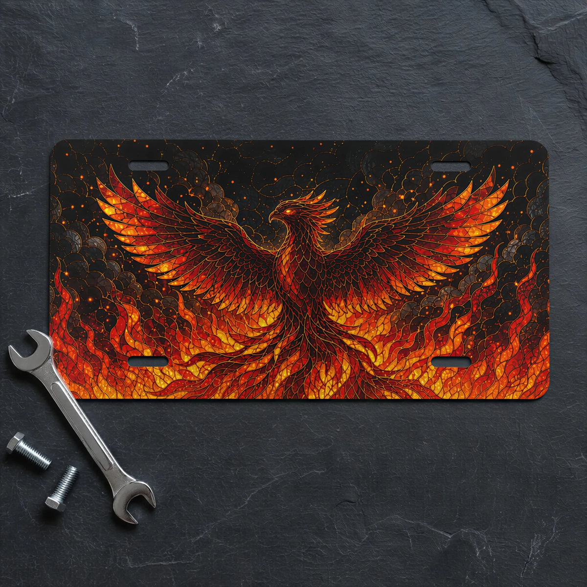 Fiery Phoenix Flaming Bird Vanity Plate - Road Muse