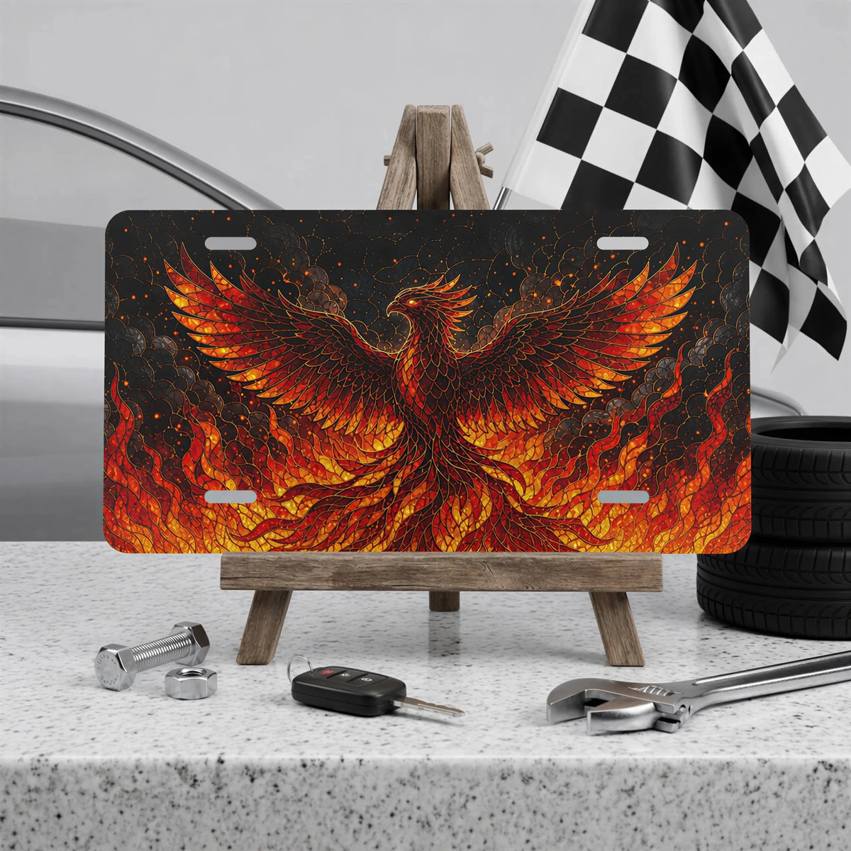 Fiery Phoenix Flaming Bird Vanity Plate - Road Muse