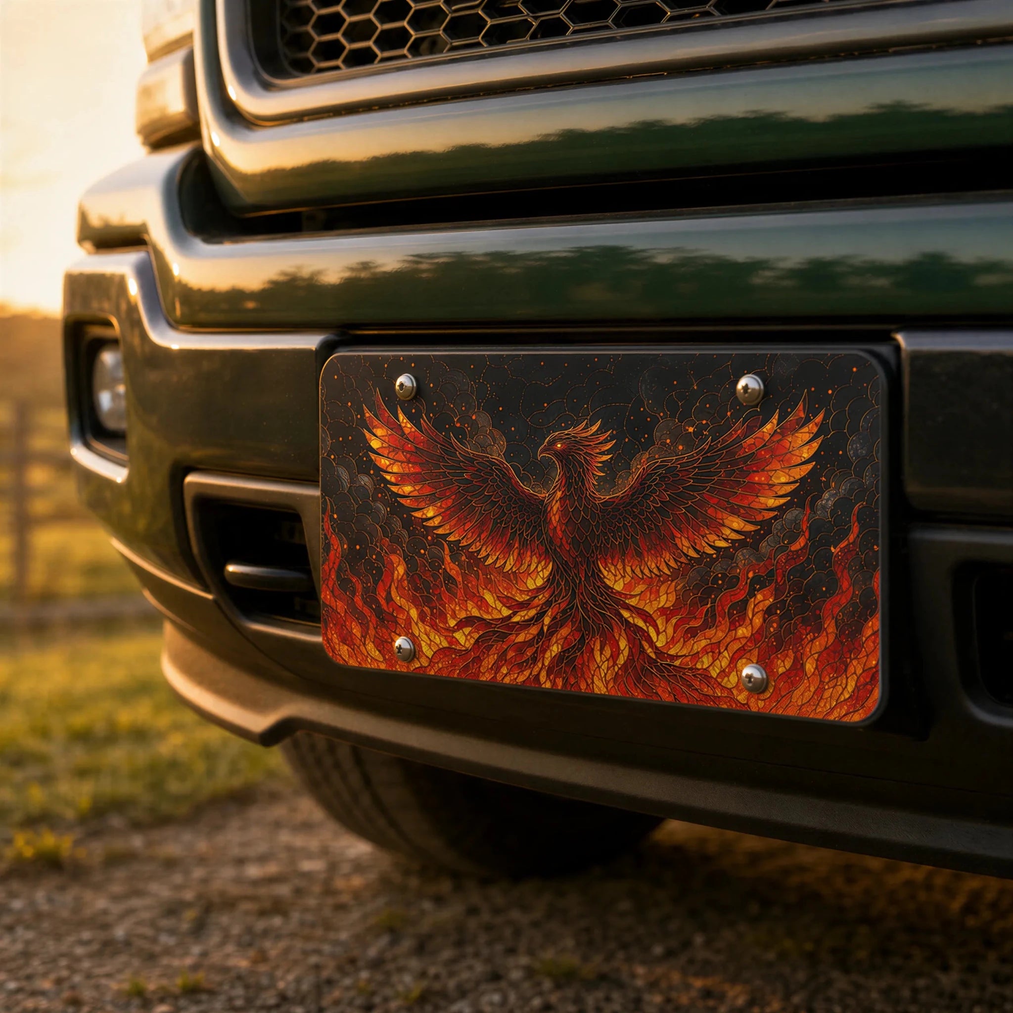 Fiery Phoenix Flaming Bird Vanity Plate - Road Muse