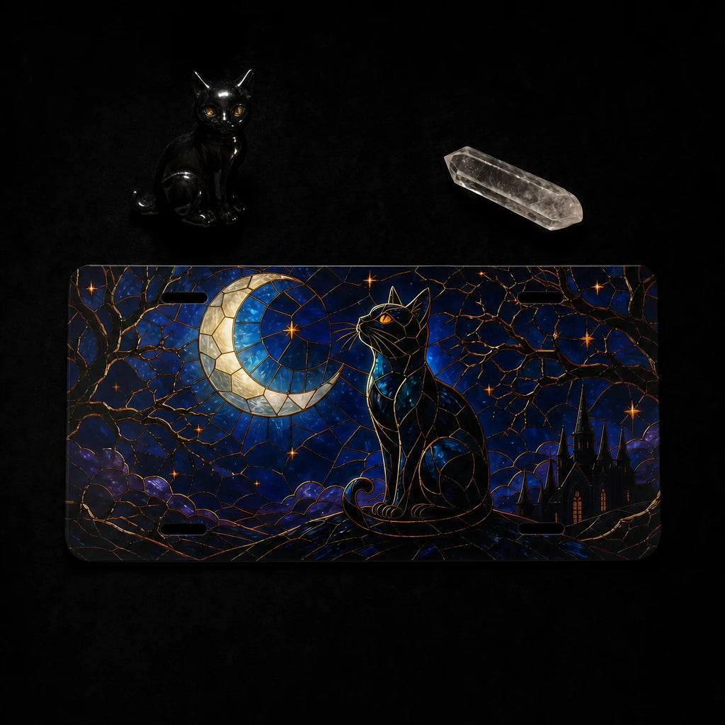 Moonlit Black Cat Crescent Moon Vanity Plate
