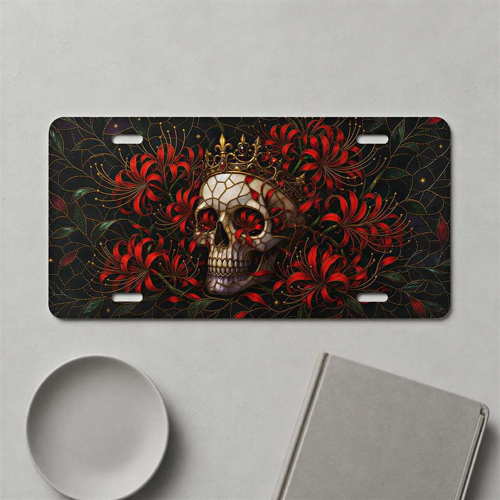 Skull Crown Red Flowers Vanity Plate
