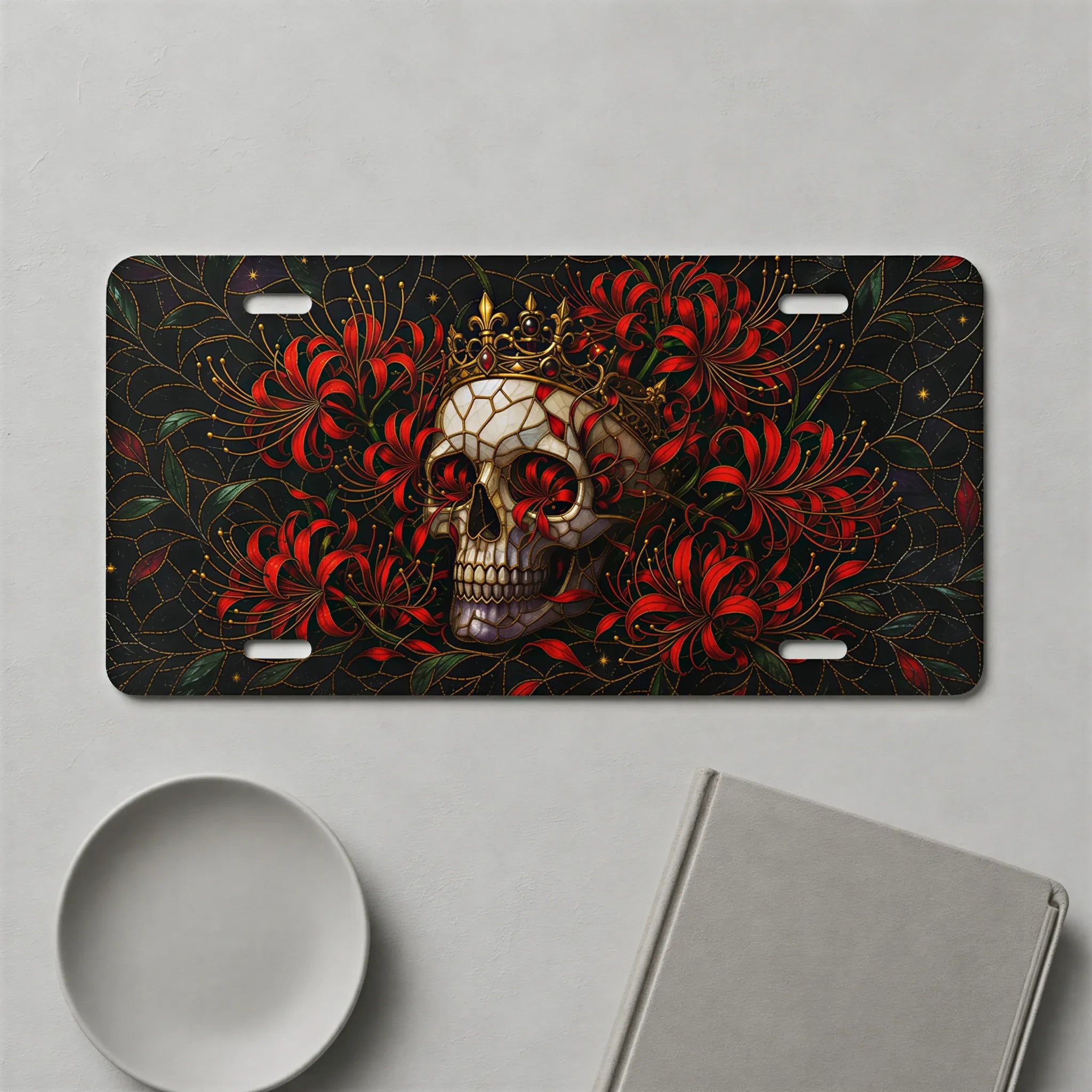 Skull Crown Red Flowers Vanity Plate