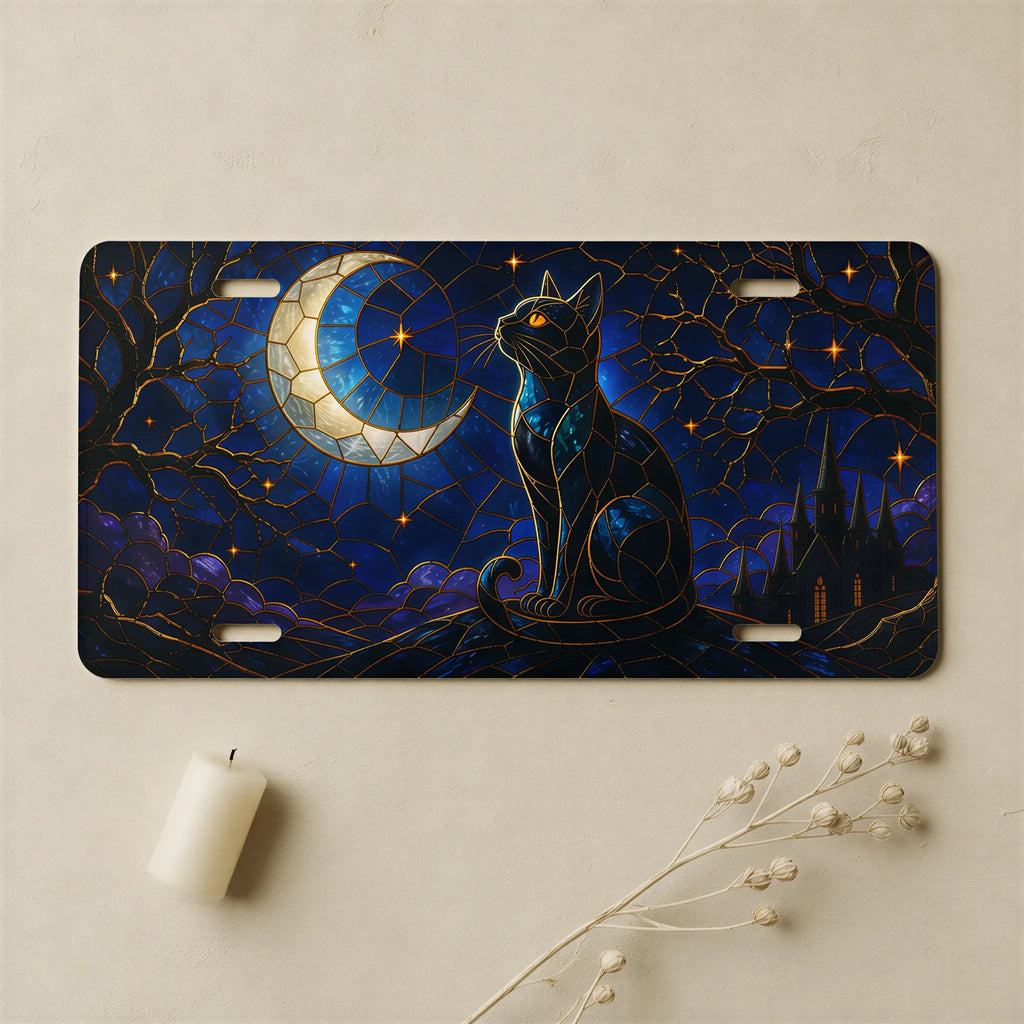 Moonlit Black Cat Crescent Moon Vanity Plate