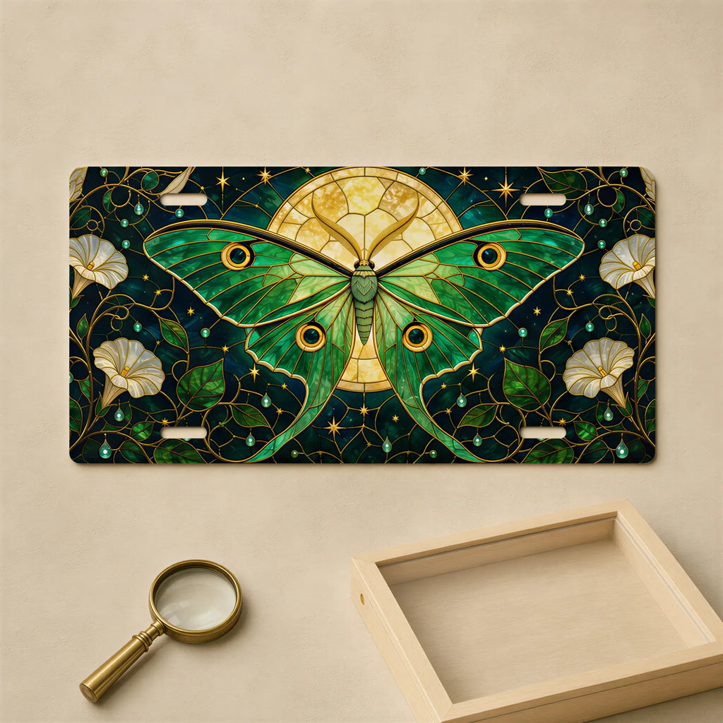 Green Luna Moth Stained Glass Vanity Plate