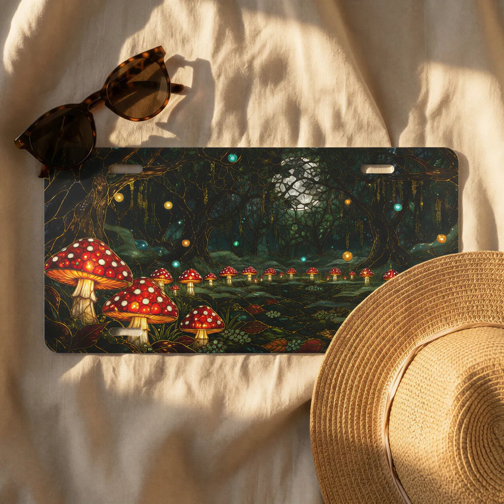 enchanted mushroom forest license plate flat lay — glowing toadstool firefly moonlit front plate