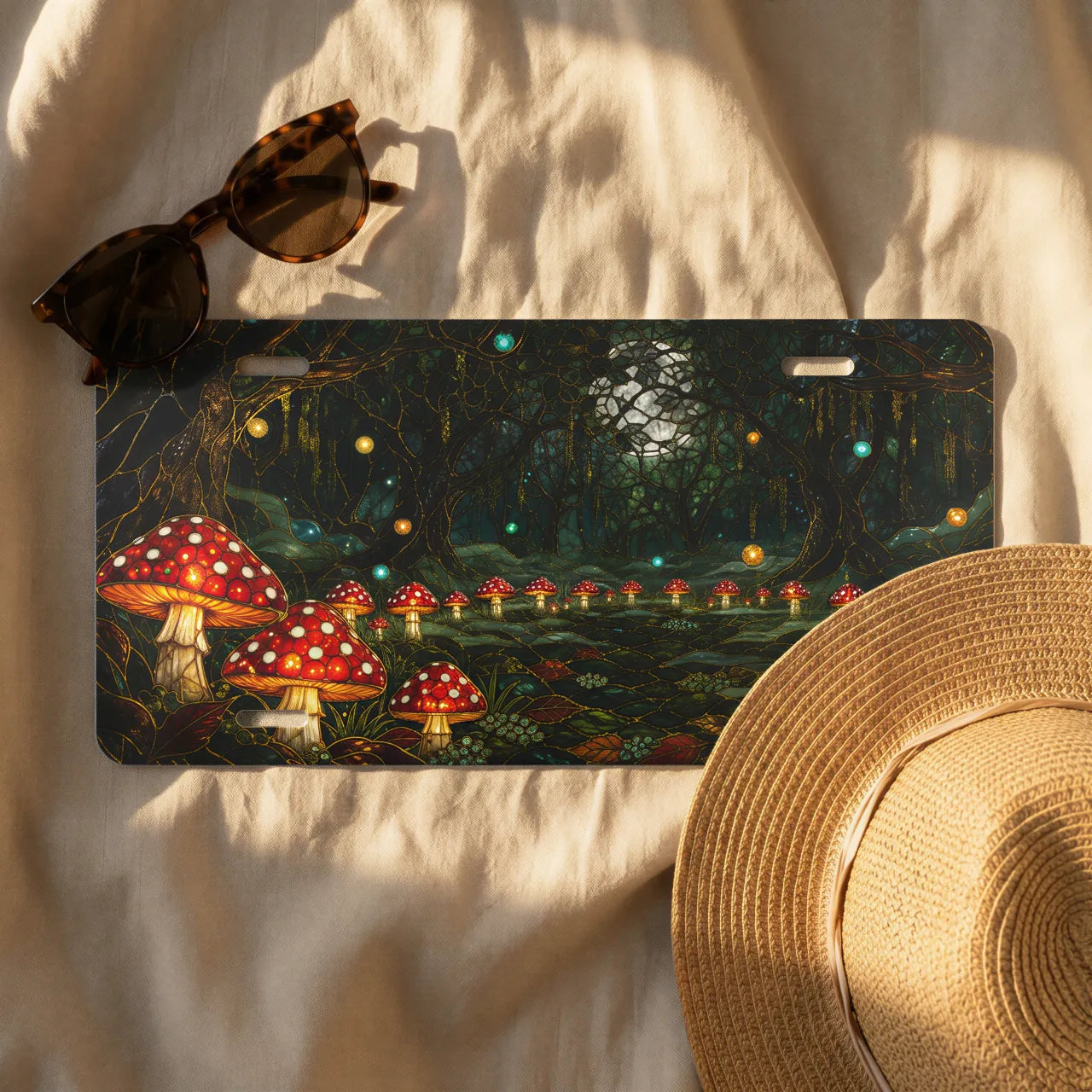 enchanted mushroom forest license plate flat lay — glowing toadstool firefly moonlit front plate