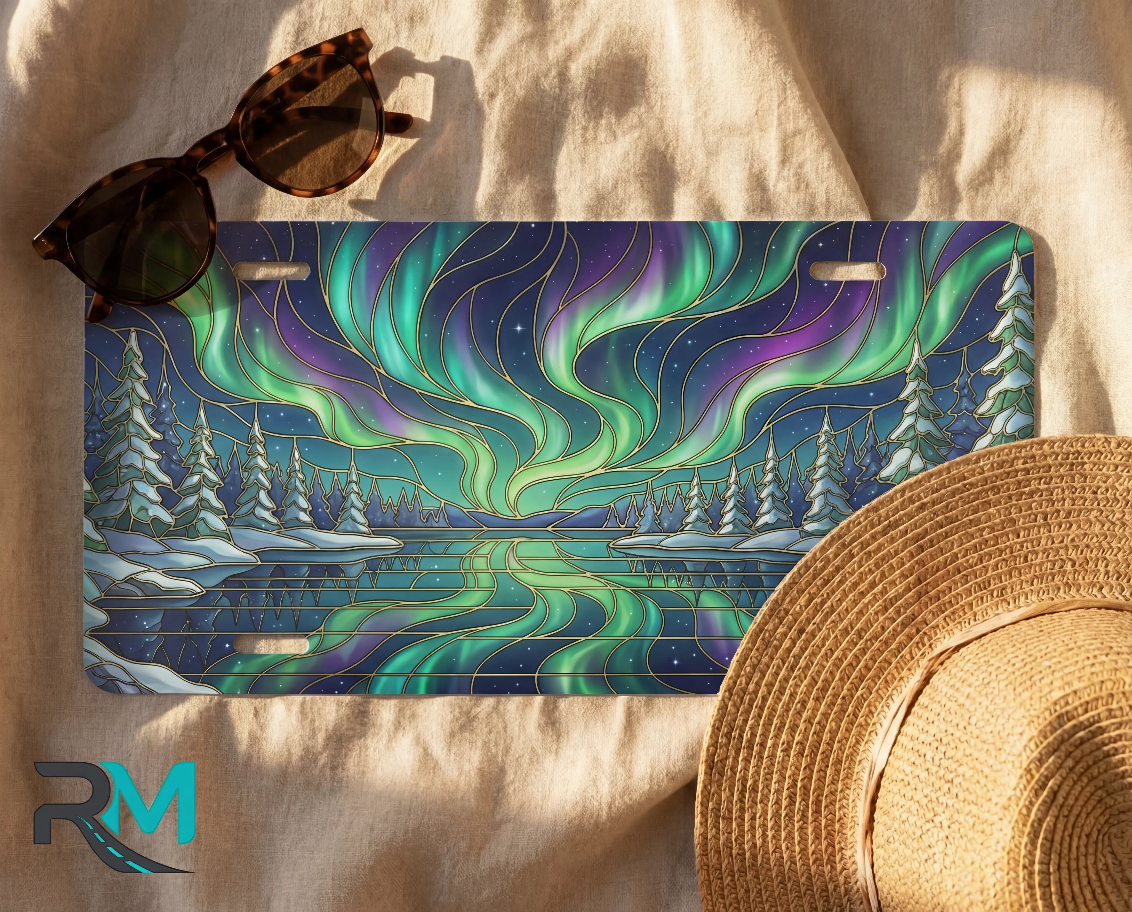 northern lights aurora vanity plate as gift — vivid emerald violet aurora license plate ready to give