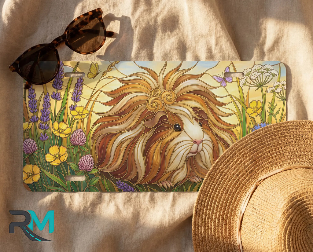 guinea pig meadow license plate flat lay — fluffy guinea pig wildflower bloom front plate