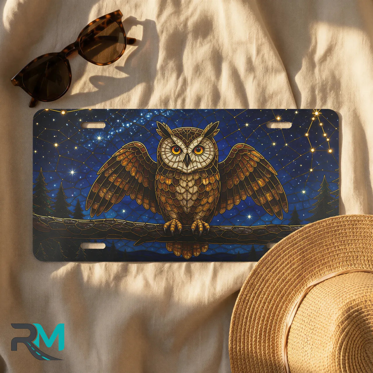 owl constellation license plate flat lay — midnight owl moonlit branch constellation front plate