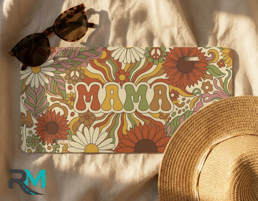 retro mama license plate flat lay — warm rust mustard olive daisy front license plate
