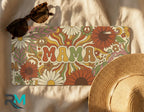 retro mama license plate flat lay — warm rust mustard olive daisy front license plate