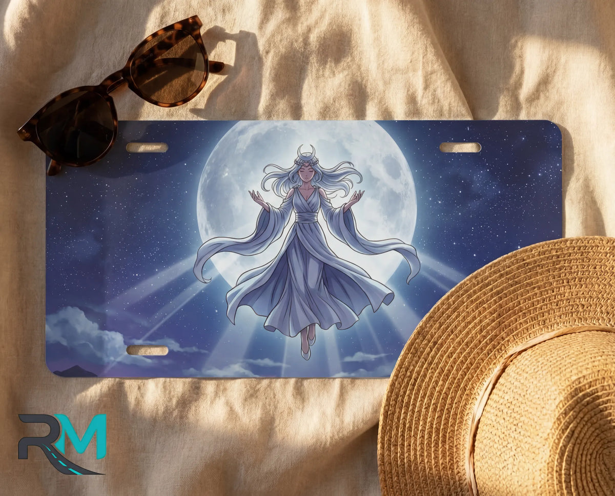 moonlit maiden license plate flat lay — soft indigo robed figure lunar light clouds front plate