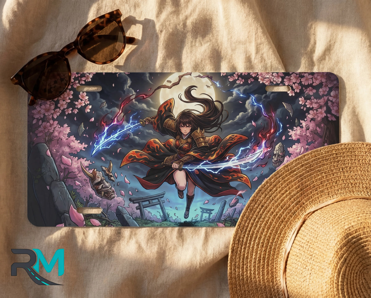moonlit duel samurai license plate flat lay — electric blue arcane heroine sakura cherry blossom front plate