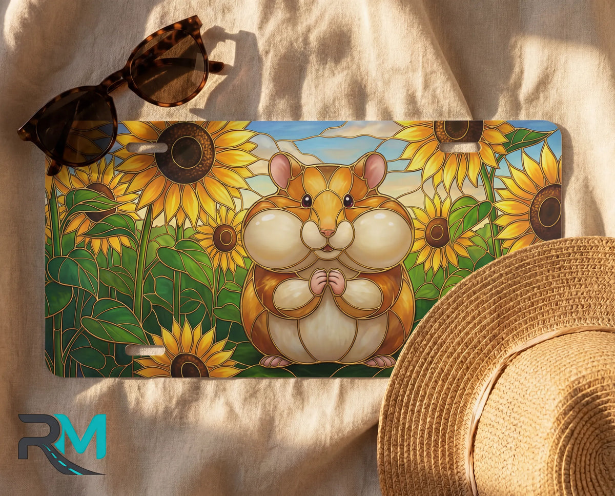 hamster sunflowers license plate flat lay — warm golden hamster sunflower field front plate