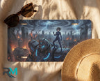 cyberpunk mech license plate flat lay — electric blue armored mech burning city front plate