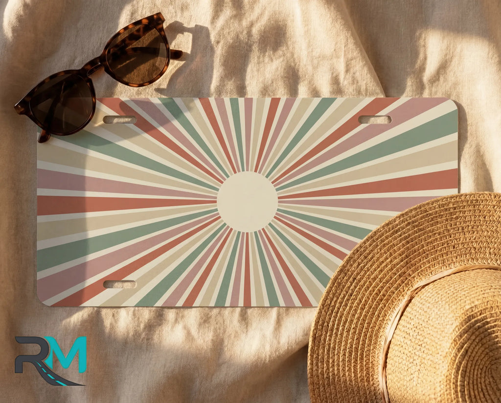 retro monogram circle vanity plate flat lay — sandy cream sage earth tone front license plate