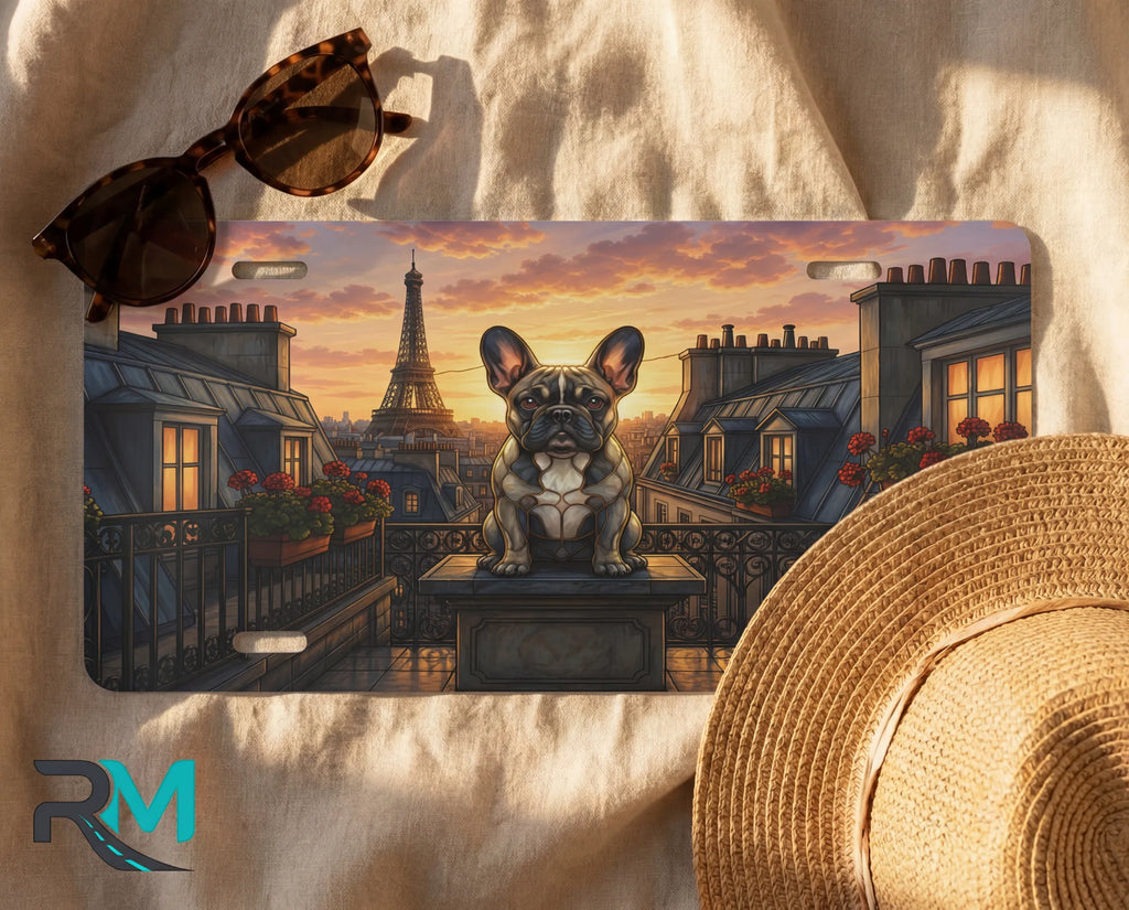 french bulldog paris license plate flat lay — Eiffel Tower rooftop sunset bulldog front plate