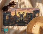 french bulldog paris license plate flat lay — Eiffel Tower rooftop sunset bulldog front plate