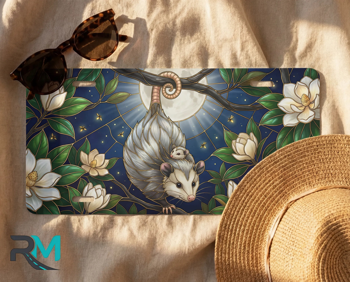 opossum moon license plate flat lay — moonlit opossum magnolia bloom full moon front plate