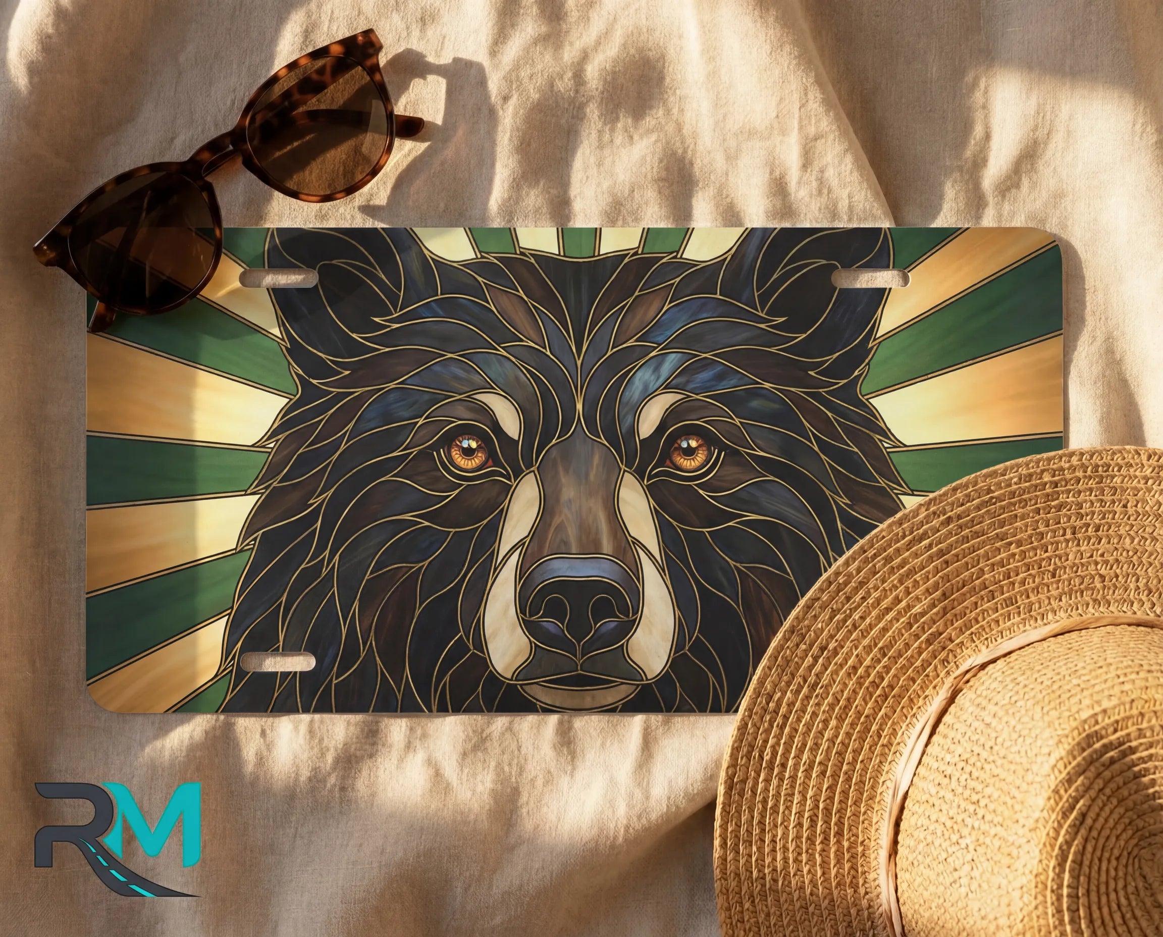 bear face license plate flat lay — deep brown woodland bear front license plate