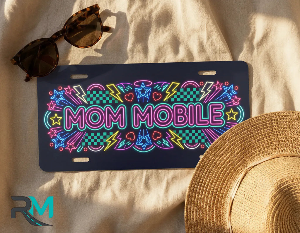 mom mobile license plate flat lay — neon pink blue yellow front license plate