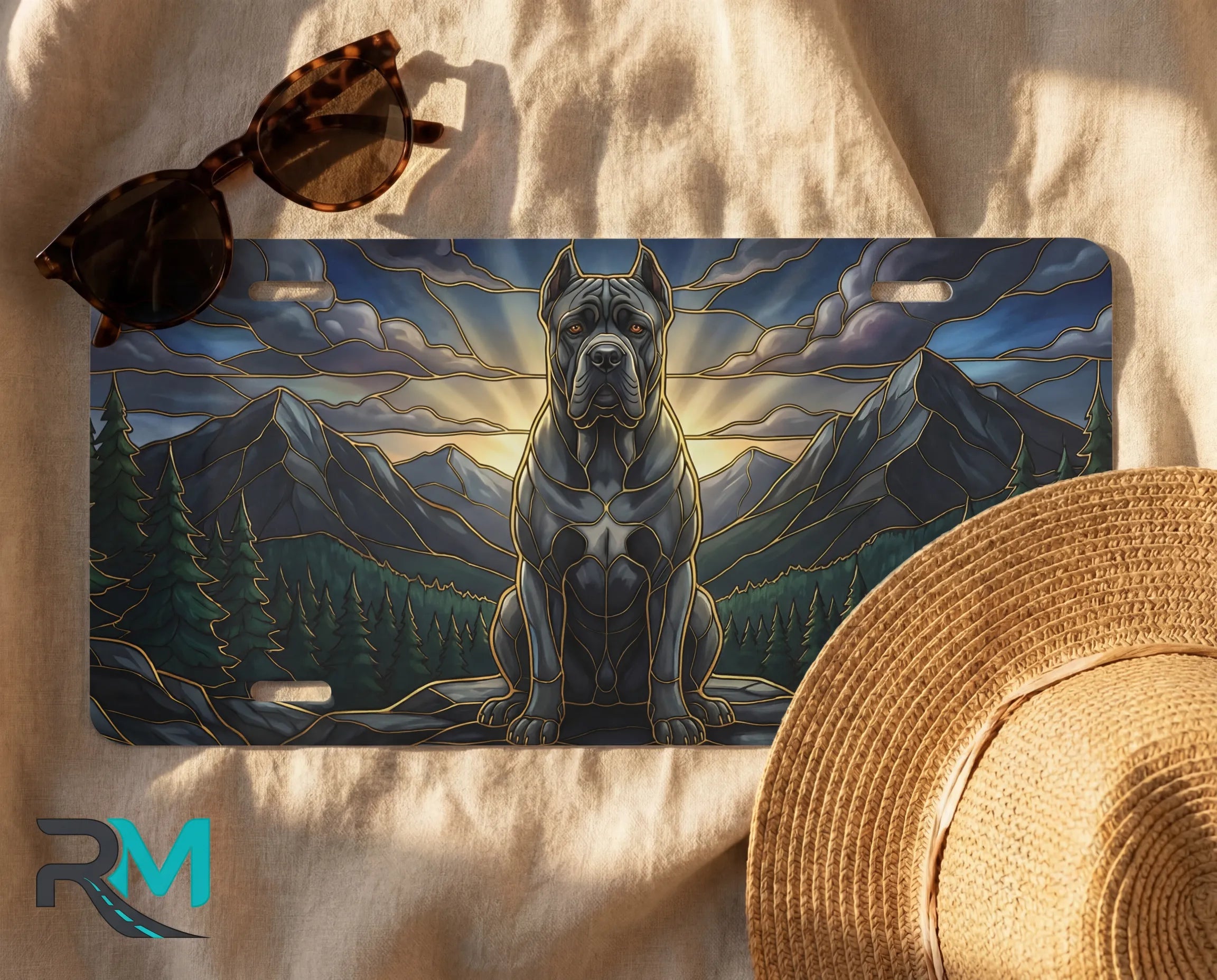 mountain mastiff license plate flat lay — warm amber sunrise guardian dog mountain front plate
