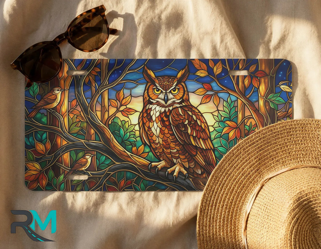autumn owl license plate flat lay — stained glass amber green blue owl front license plate