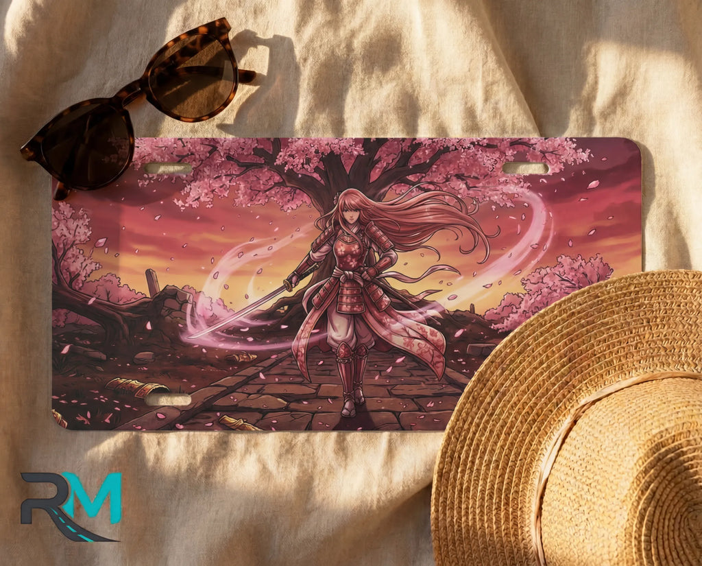 samurai girl license plate flat lay — warm sunset pink sakura warrior front plate