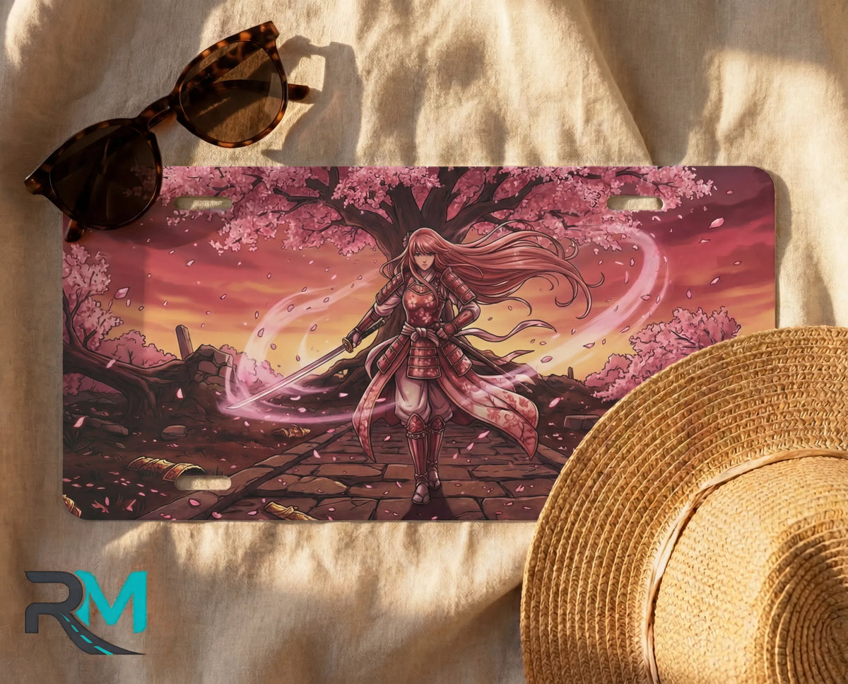 samurai girl license plate flat lay — warm sunset pink sakura warrior front plate