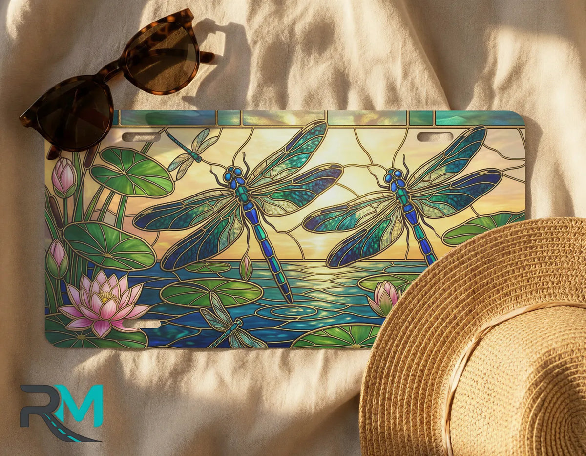 stained glass dragonfly license plate flat lay — teal violet lily pond front license plate