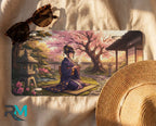 geisha tea ceremony license plate flat lay — soft pink cherry blossom kimono teahouse front plate