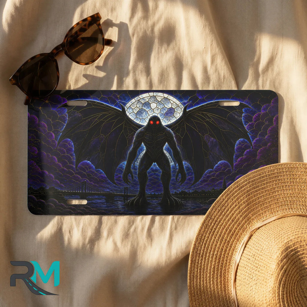 mothman license plate flat lay — deep purple winged mothman red eyes full moon front plate
