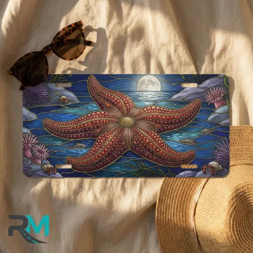 starfish moonlight license plate flat lay — deep ocean blue silver starfish front plate