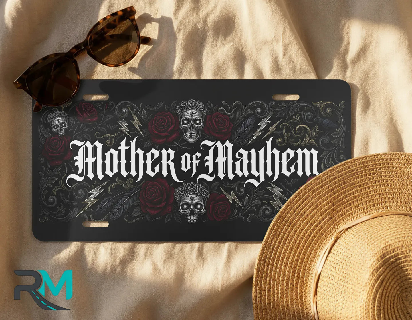 mother of mayhem license plate flat lay — gothic skull rose matte black front license plate