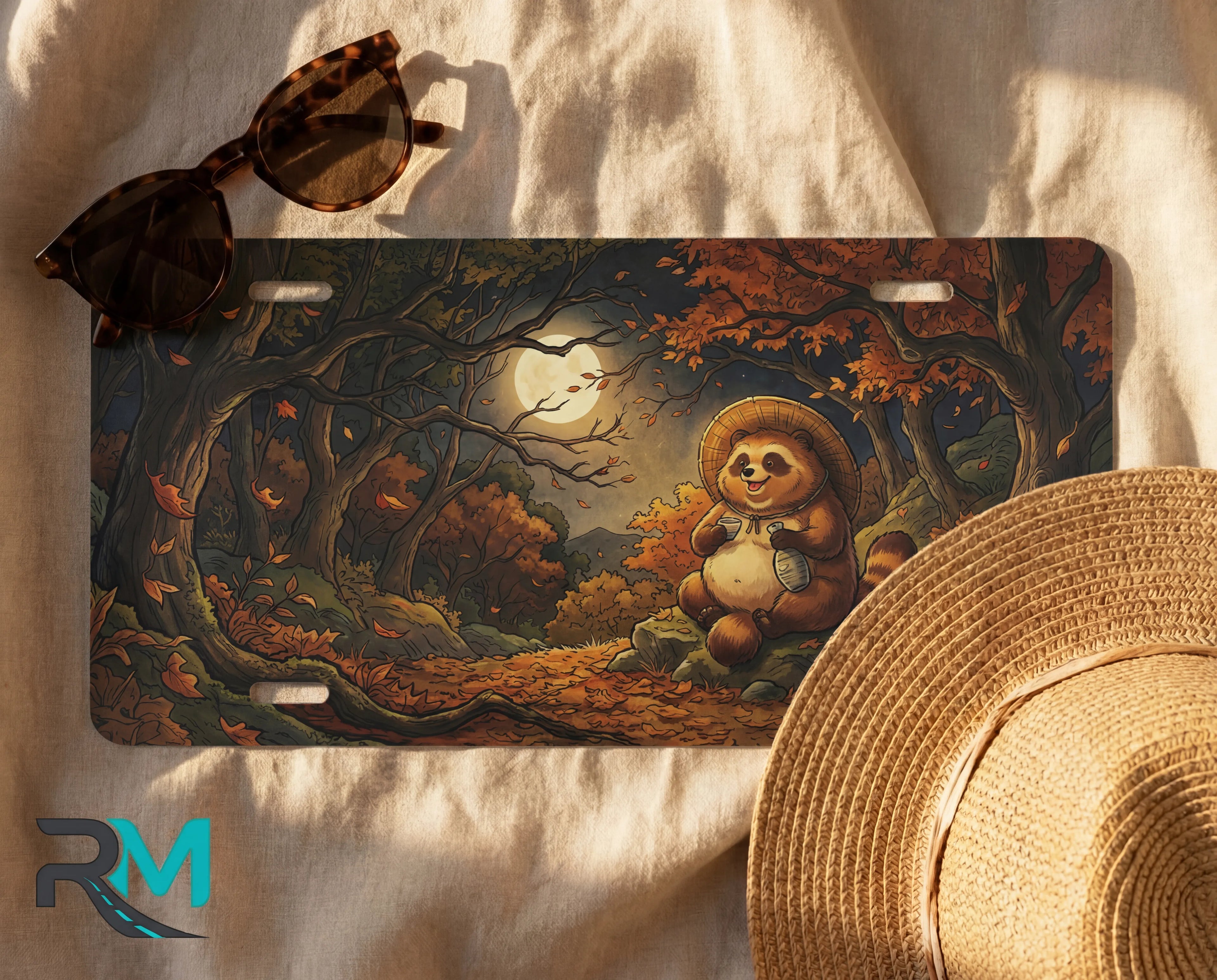woodland tanuki moonlit forest license plate flat lay — smiling tanuki autumn leaf path amber moonlit front plate