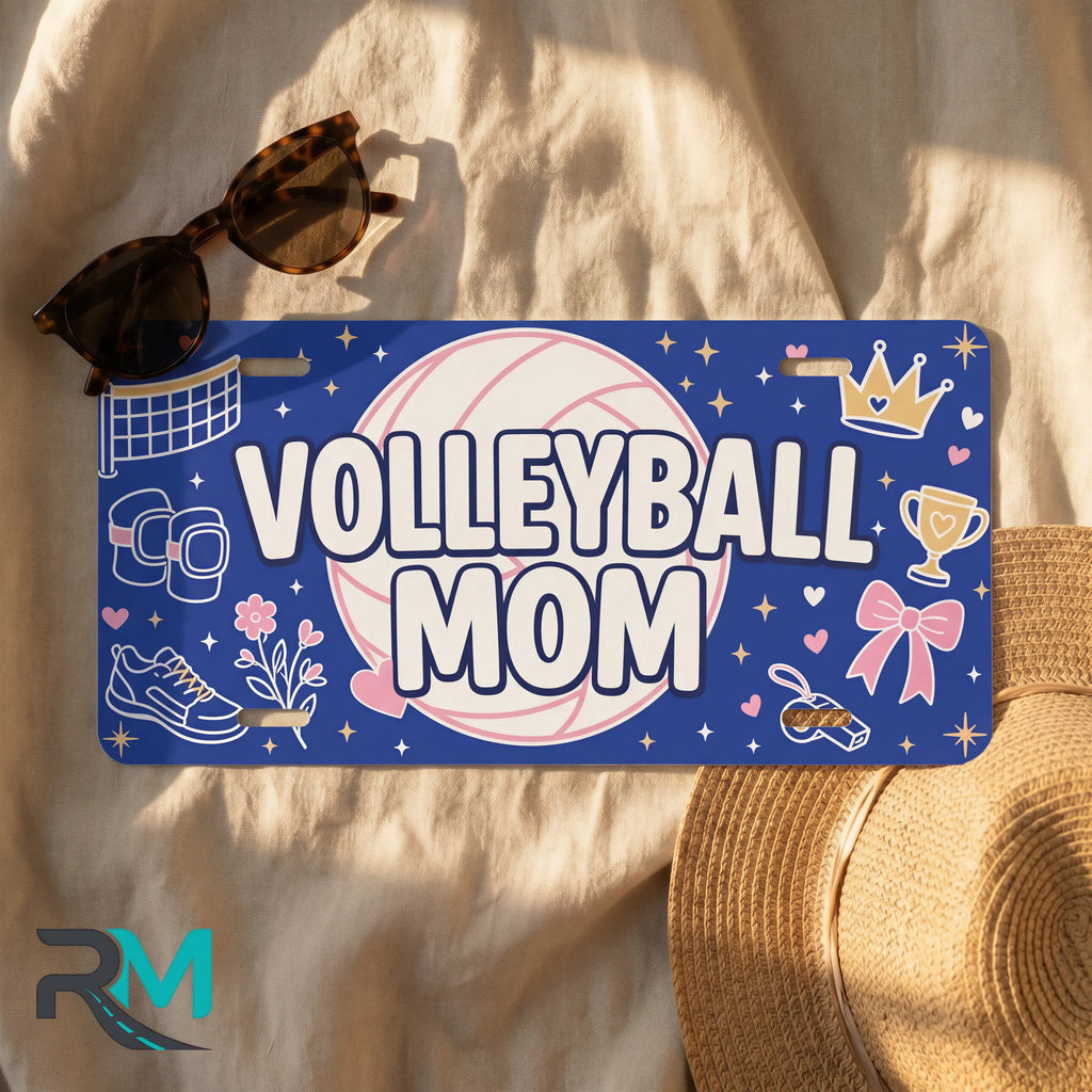 volleyball mom license plate flat lay — deep navy pink volleyball front license plate