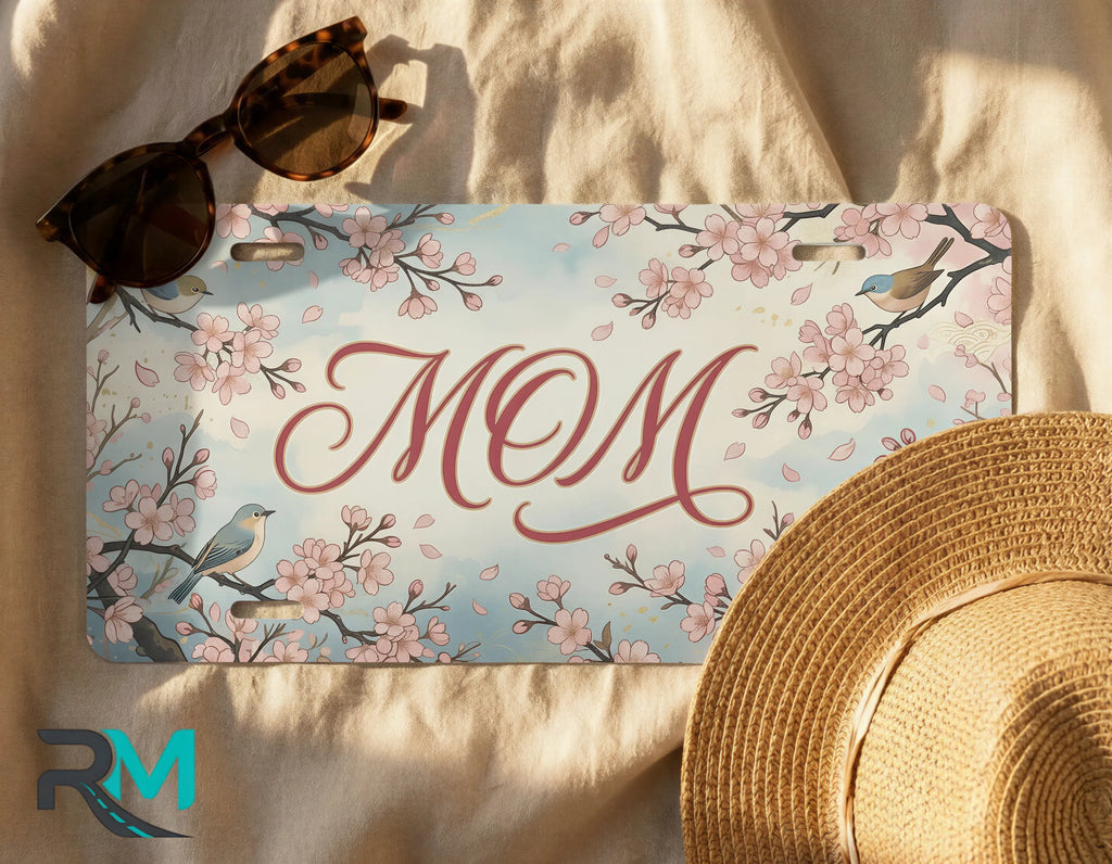 Mom Cherry Blossom Birds Vanity Plate