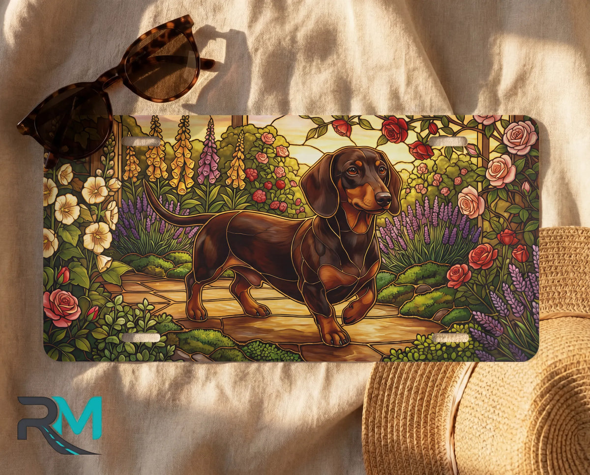dachshund garden license plate flat lay — jewel tone dachshund rose foxglove front plate